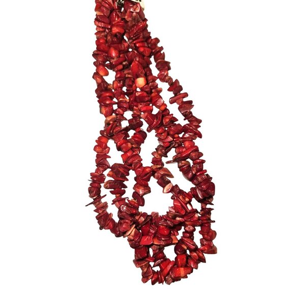 Vintage Necklace Red Coral Chip Beaded Three-Strand Statement 7.5" - Picture 5 of 7